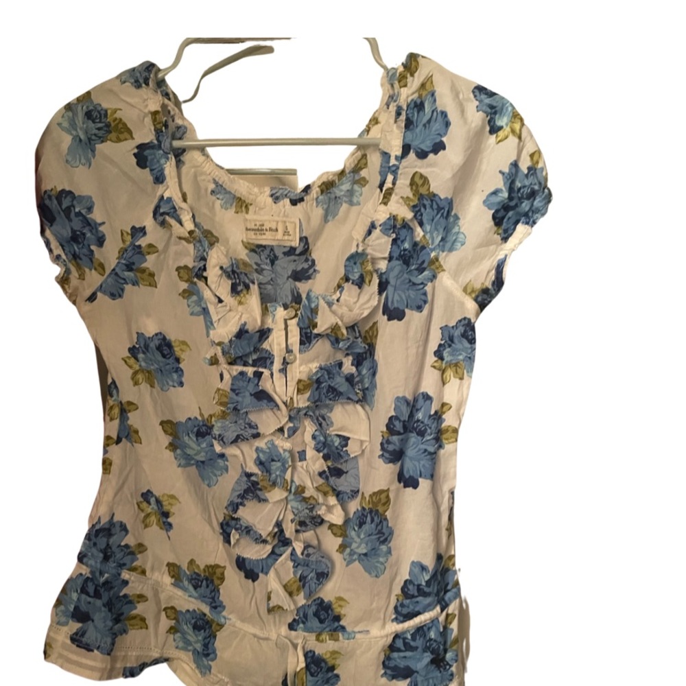 Abercrombie & Fitch White and Blue Floral Print Peplum Blouse